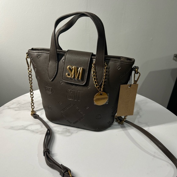 Steve Madden Satchel Bucket Bag Purse Brown Embossed Logo Chain Accent - Picture 1 of 16